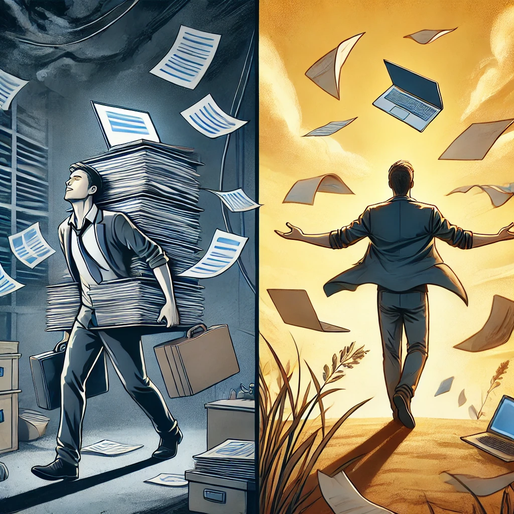 DALL·E 2025-02-21 03.20.07 – A split-screen digital illustration contrasting two work-life approaches_ on the left, a person overwhelmed with work, carrying stacks of papers, mult