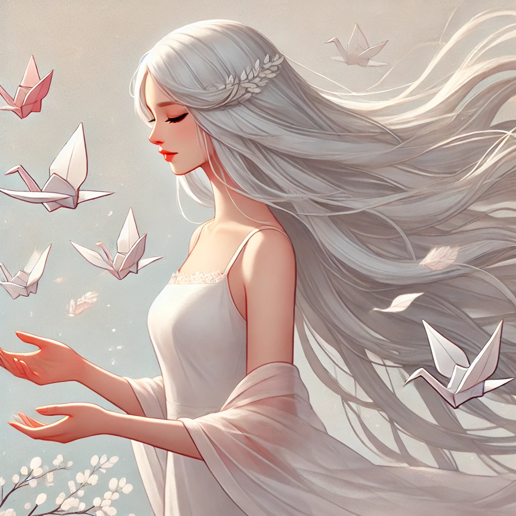 DALL·E 2025-02-21 05.02.12 – A digital illustration of a silver-haired woman with long, flowing hair, symbolizing the act of letting go of attachments. She stands gracefully with