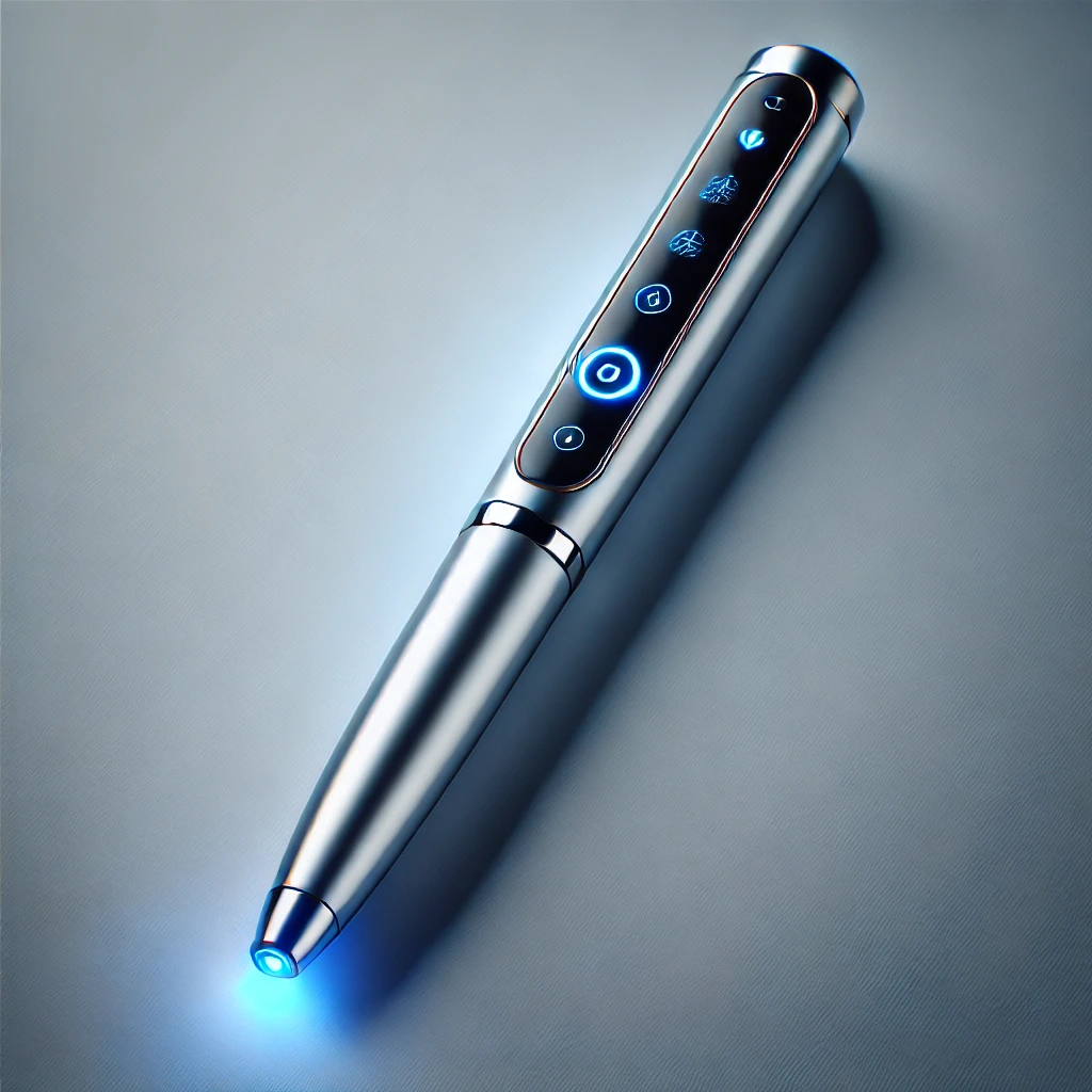 DALL·E 2025-03-21 02.15.18 – A futuristic AI-powered smart pen with a slim, modern design. The pen has a small digital display on its body, glowing interface buttons, and an elega